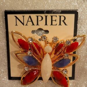 Napier Gold Butterfly Brooch with Red, Blue, and White Gems